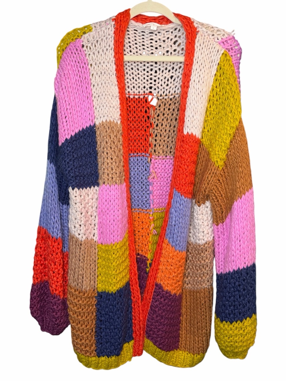 Paint the Town Pink/Red Oversized Crochet Knit Cardigan Sweater, Size Large